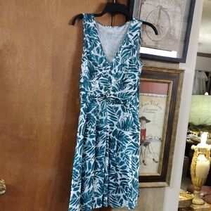 Elegant Teal Leaf Print Midi Dress